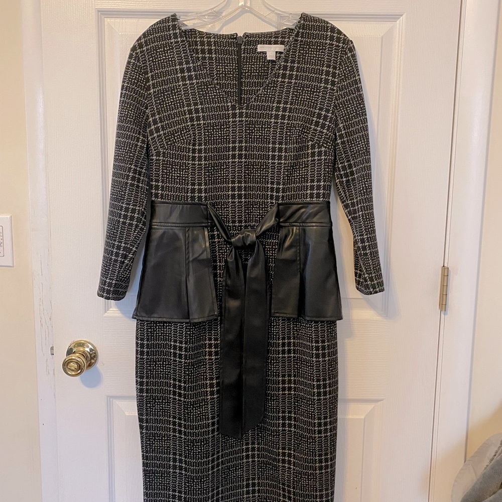 Form Fitted Knee Length Dress with Leather Accent